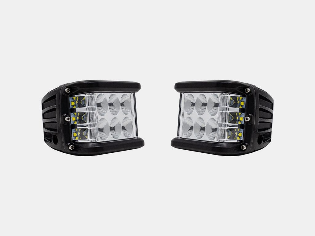 Cali Raised LED LED Light Mount Kits (2) 27W SIDE PROJECTING LED PODS / DITCH LIGHTS SWITCH - BLUE BACKLIGHT - TALL Low Profile Ditch Light Brackets Kit For 2016-2023 Toyota Tacoma