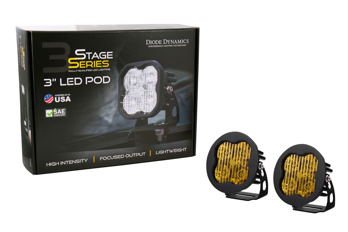 Diode Dynamics SAE Fog / None Stage Series 3" SAE Yellow Sport Round LED Pod (Pair)