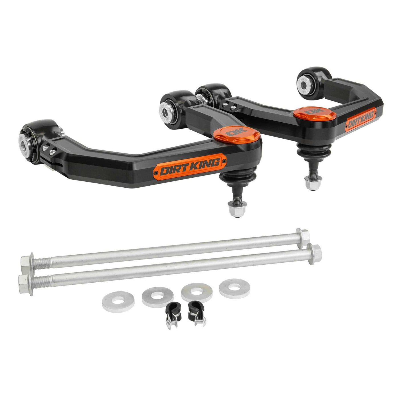 Dirt King Toyota SilentSpin Bushings (recommended) / Black Anodize / Orange Anodize Billet Upper Control Arms - 2005-2023 Tacoma
