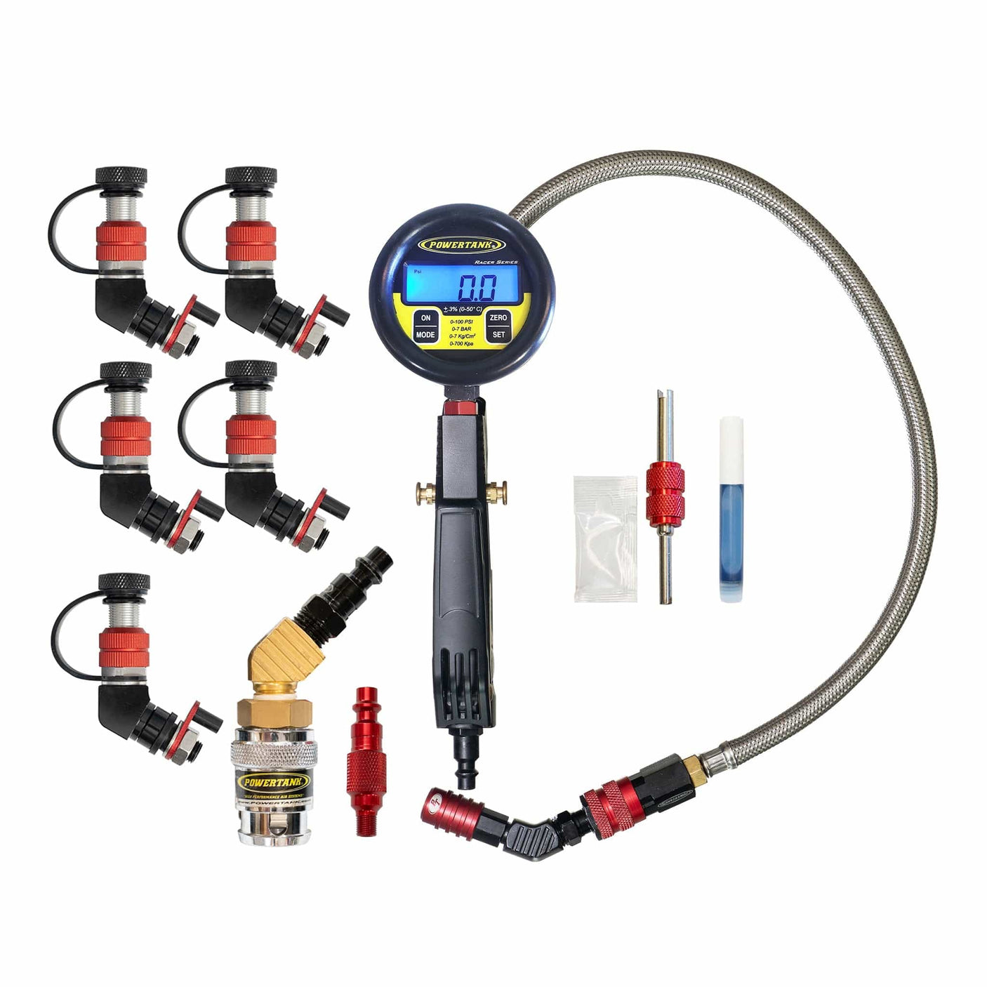 Power Tank Monster Valves Monster Valve Primary - Standard Valve Stem Mount - 5 pack with Ventoso RED Tire Inflator Gauge