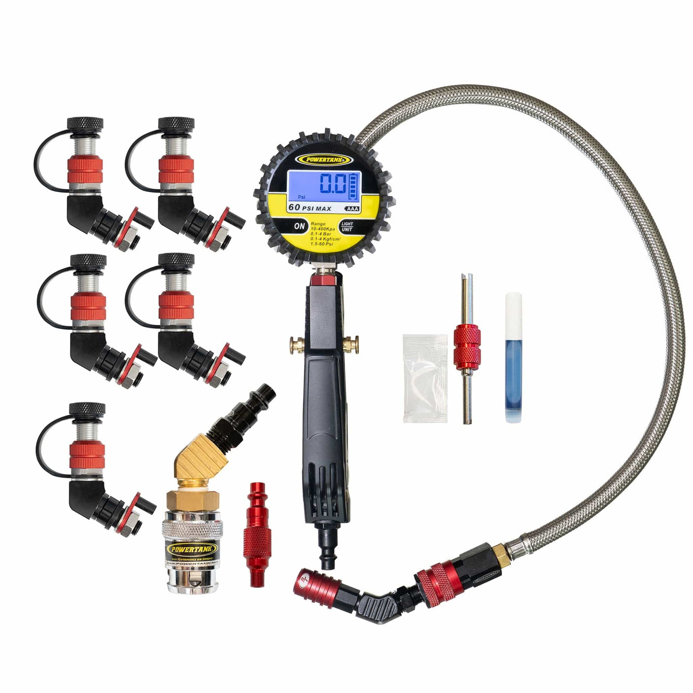 Power Tank Monster Valves Monster Valve Primary - Standard Valve Stem Mount - 5 pack with Ventoso RED Tire Inflator Gauge