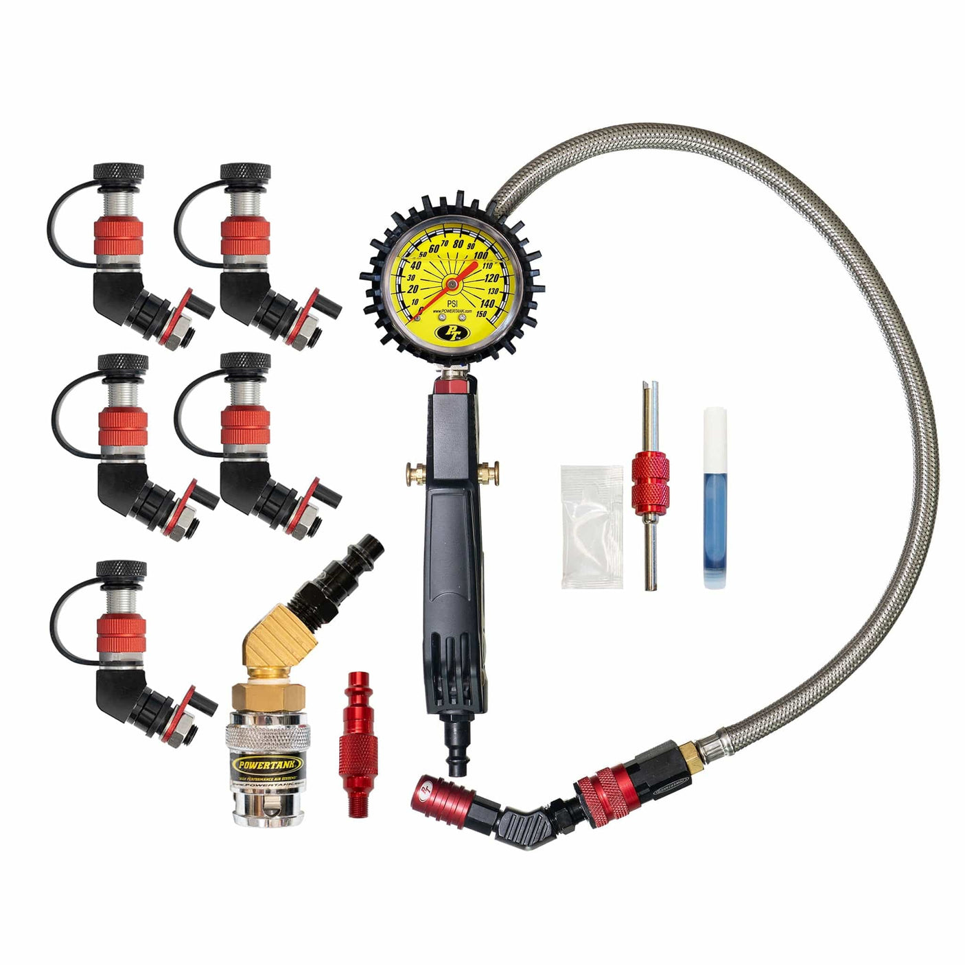 Power Tank Monster Valves Monster Valve Primary - Standard Valve Stem Mount - 5 pack with Ventoso RED Tire Inflator Gauge