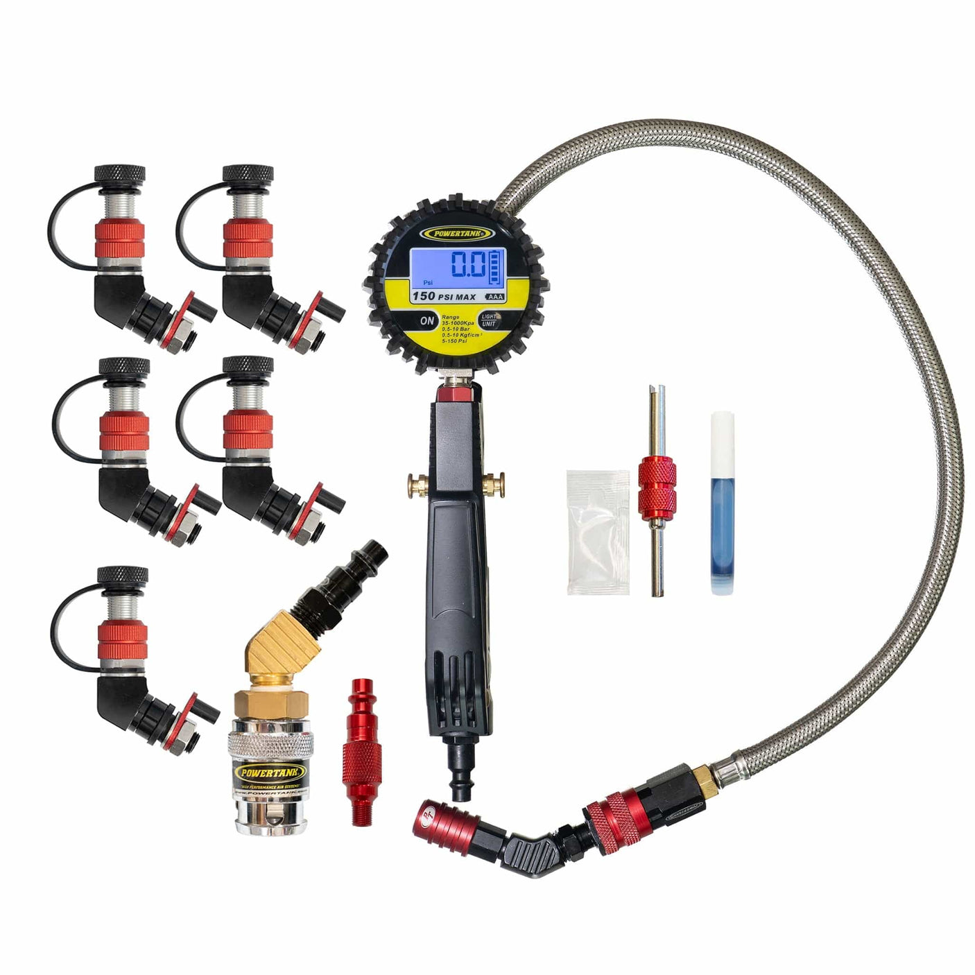 Power Tank Monster Valves Monster Valve Primary - Standard Valve Stem Mount - 5 pack with Ventoso RED Tire Inflator Gauge