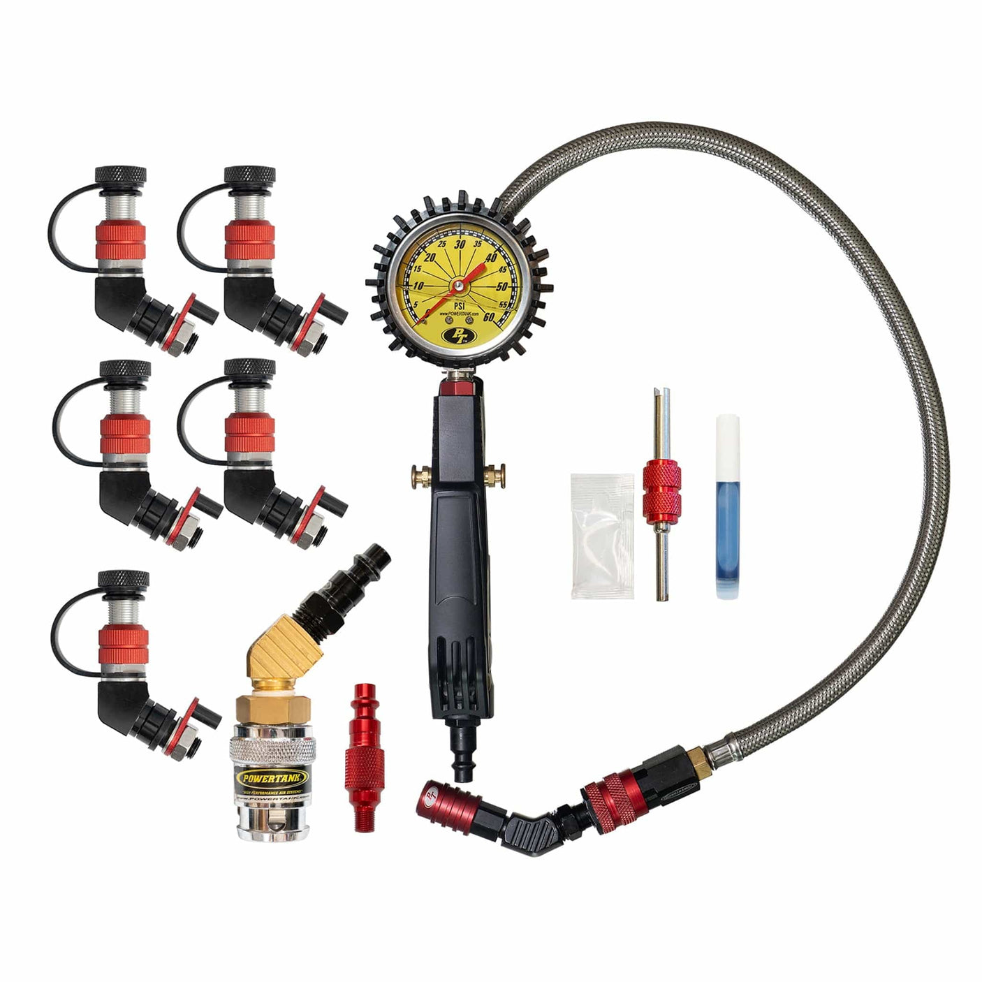 Power Tank Monster Valves Monster Valve Primary - Standard Valve Stem Mount - 5 pack with Ventoso RED Tire Inflator Gauge