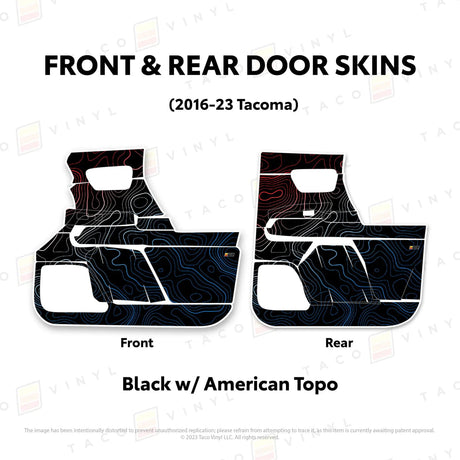 TacomaForce Front and Rear / Black w/ American Scheme Topo 2016-2023 3rd Gen Tacoma Door Skins – Ultimate Protection & Style
