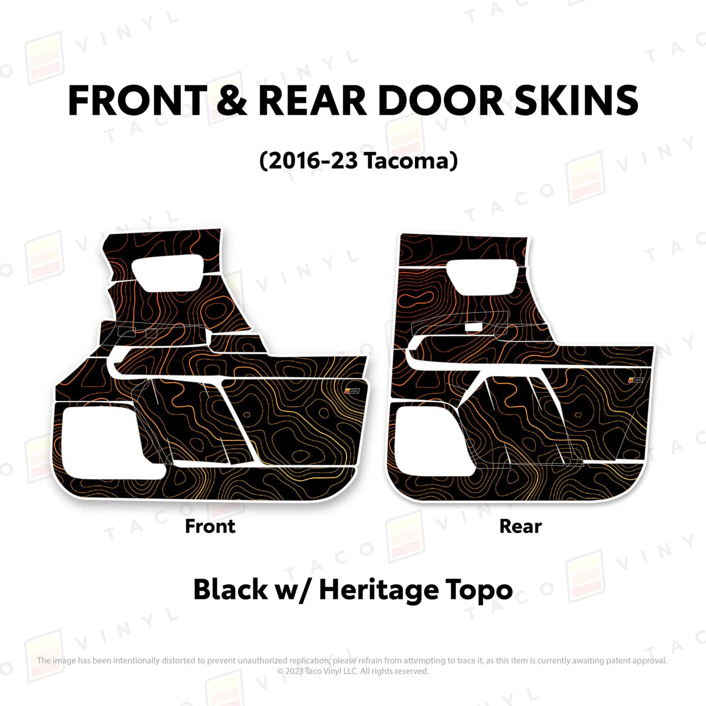 TacomaForce Front and Rear / Black w/ Heritage Topo 2016-2023 3rd Gen Tacoma Door Skins – Ultimate Protection & Style
