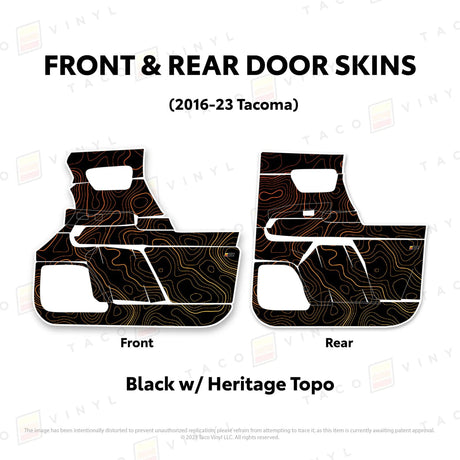 TacomaForce Front and Rear / Black w/ Heritage Topo 2016-2023 3rd Gen Tacoma Door Skins – Ultimate Protection & Style