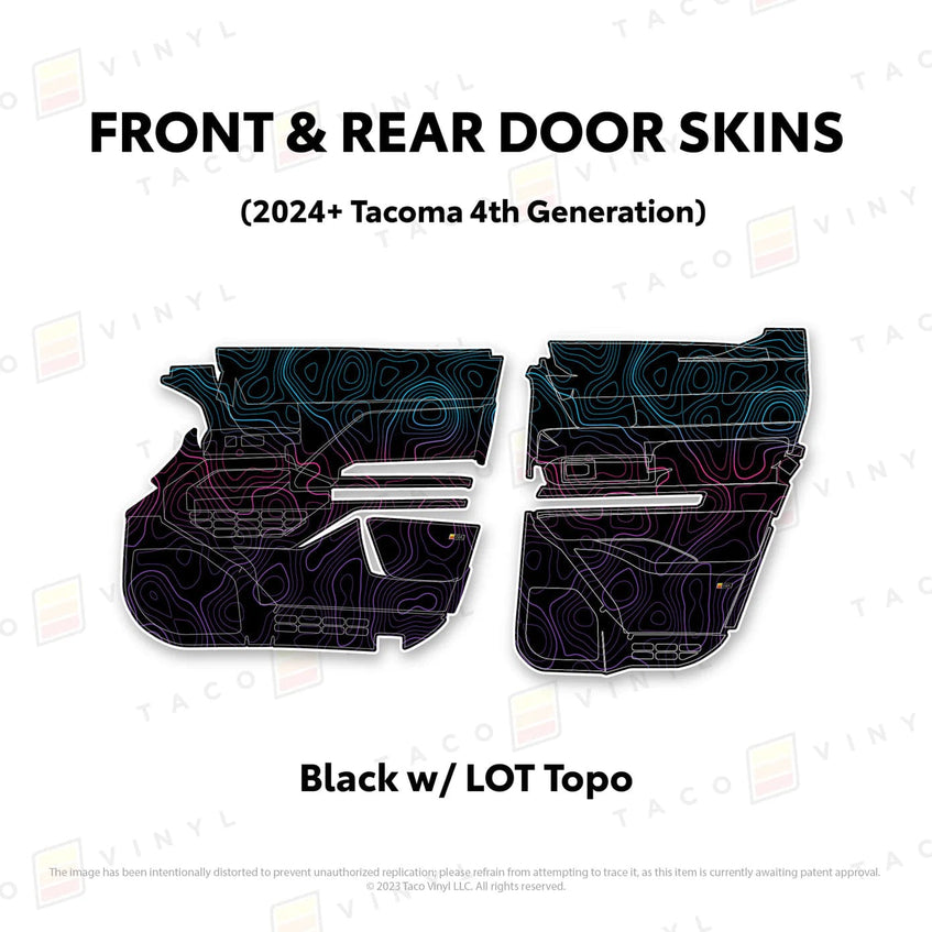 TacomaForce Front and Rear / Black w/ LOT Scheme Topo 4th Gen Tacoma Door Skins