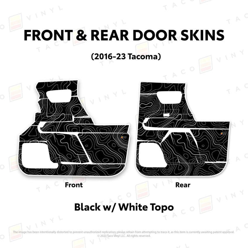 TacomaForce Front and Rear / Black w/ White Topo 2016-2023 3rd Gen Tacoma Door Skins – Ultimate Protection & Style