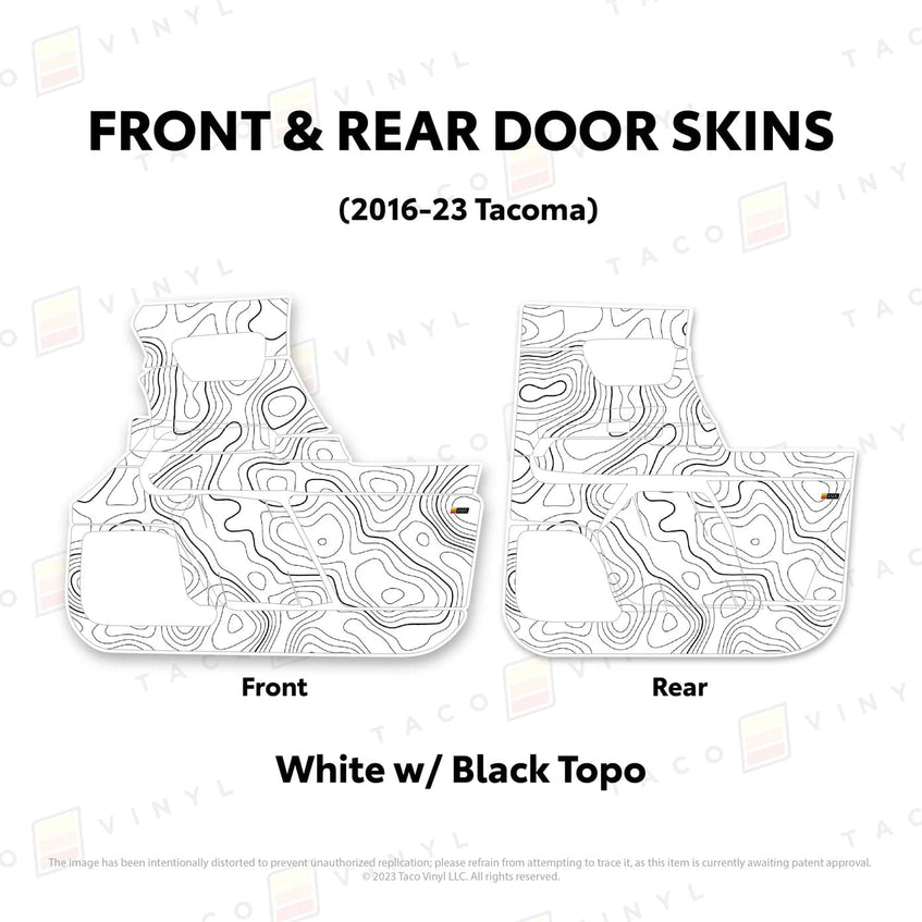 TacomaForce Front and Rear / White w/ Black topo 2016-2023 3rd Gen Tacoma Door Skins – Ultimate Protection & Style