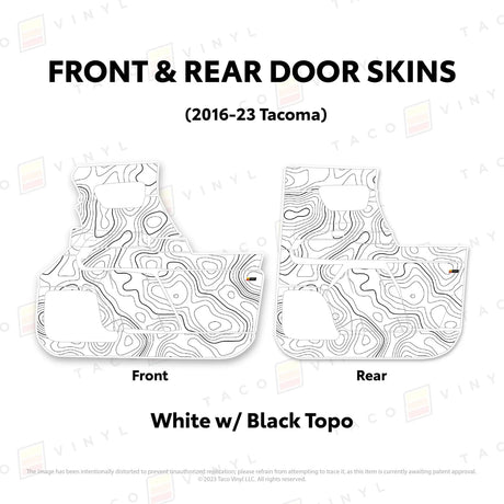 TacomaForce Front and Rear / White w/ Black topo 2016-2023 3rd Gen Tacoma Door Skins – Ultimate Protection & Style