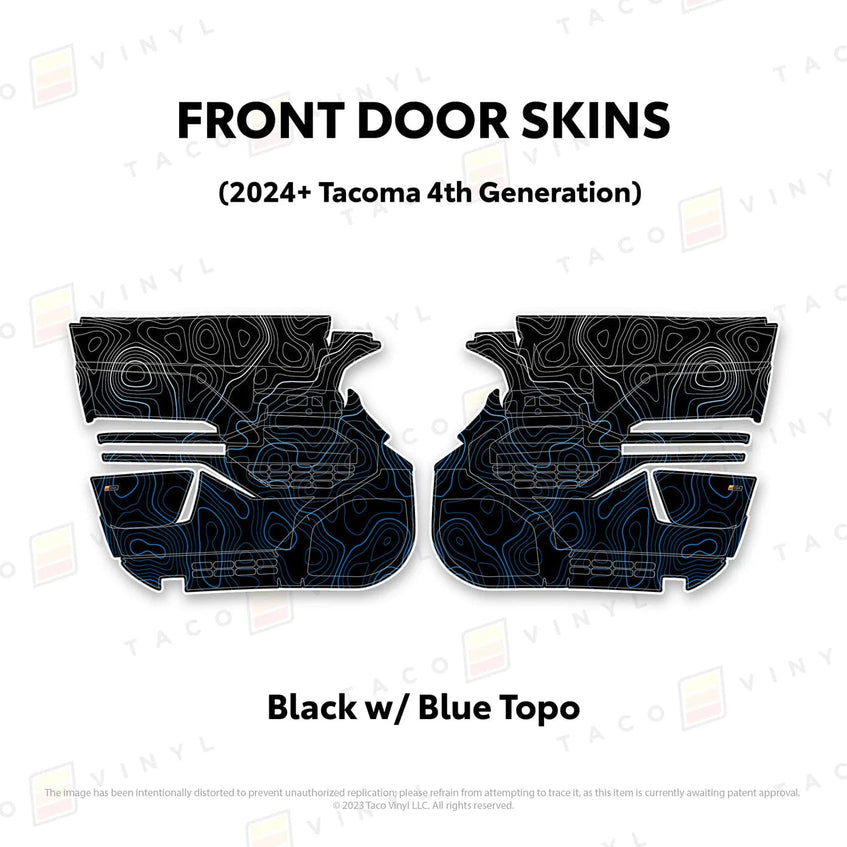 TacomaForce Front Driver/ Passenger / Black w/ Blue Scheme Topo 4th Gen Tacoma Door Skins