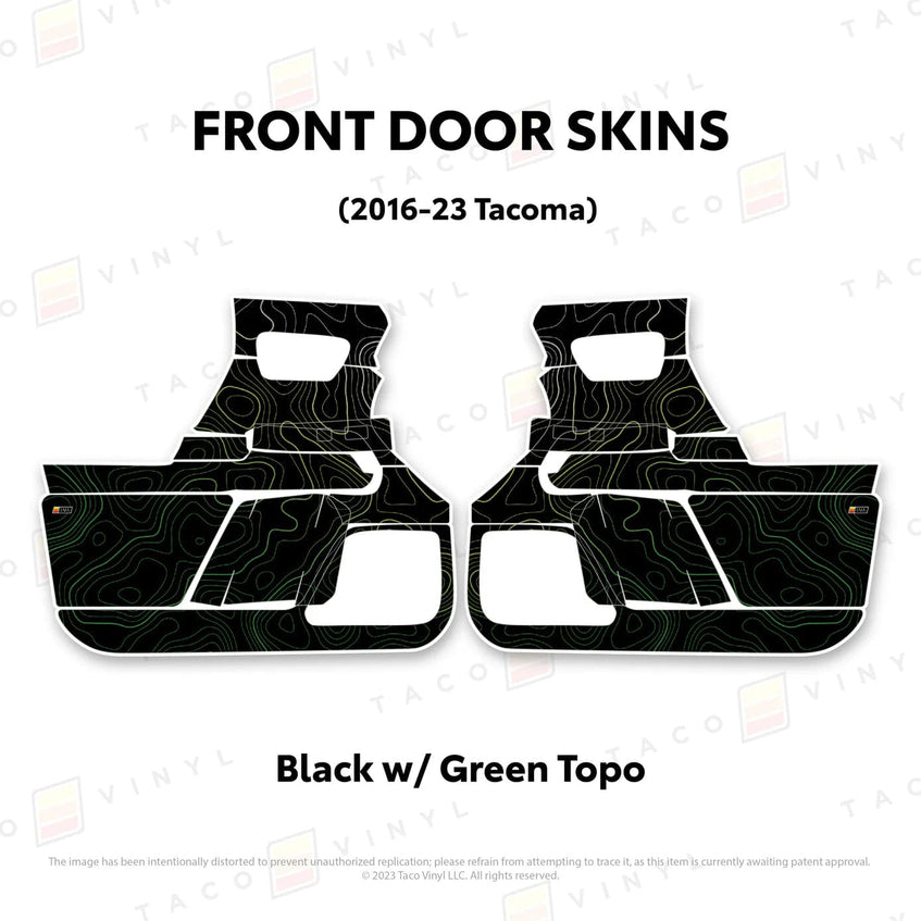 TacomaForce Front Driver/ Passenger / Black w/ Green Scheme Topo 2016-2023 3rd Gen Tacoma Door Skins – Ultimate Protection & Style