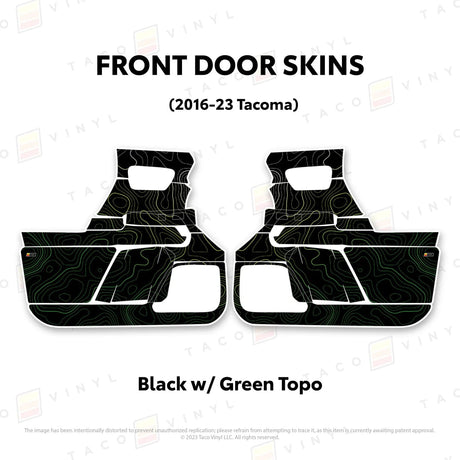 TacomaForce Front Driver/ Passenger / Black w/ Green Scheme Topo 2016-2023 3rd Gen Tacoma Door Skins – Ultimate Protection & Style