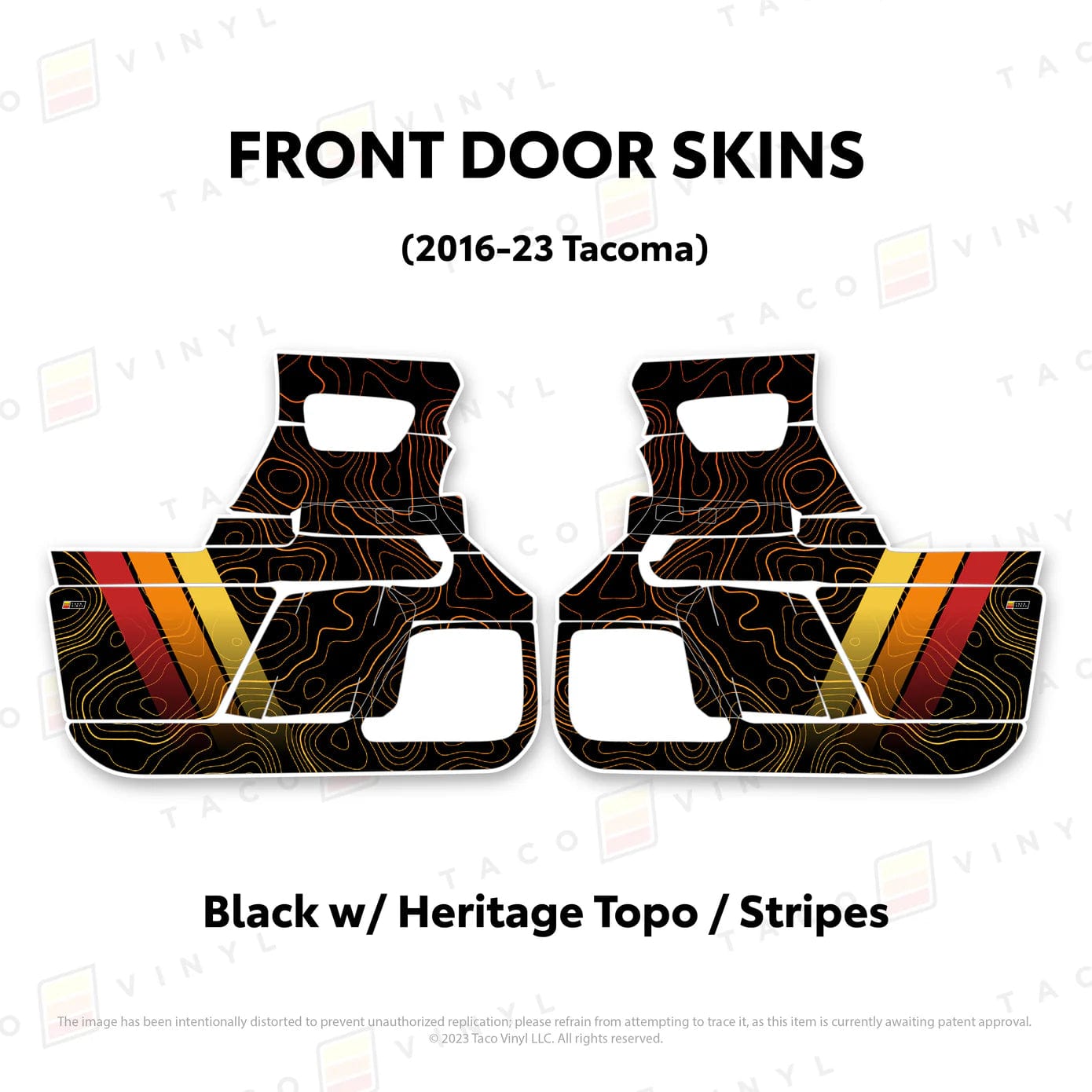 TacomaForce Front Driver/ Passenger / Black w/ Heritage Topo 2016-2023 3rd Gen Tacoma Door Skins – Ultimate Protection & Style