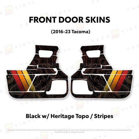 TacomaForce Front Driver/ Passenger / Black w/ Heritage Topo 2016-2023 3rd Gen Tacoma Door Skins – Ultimate Protection & Style