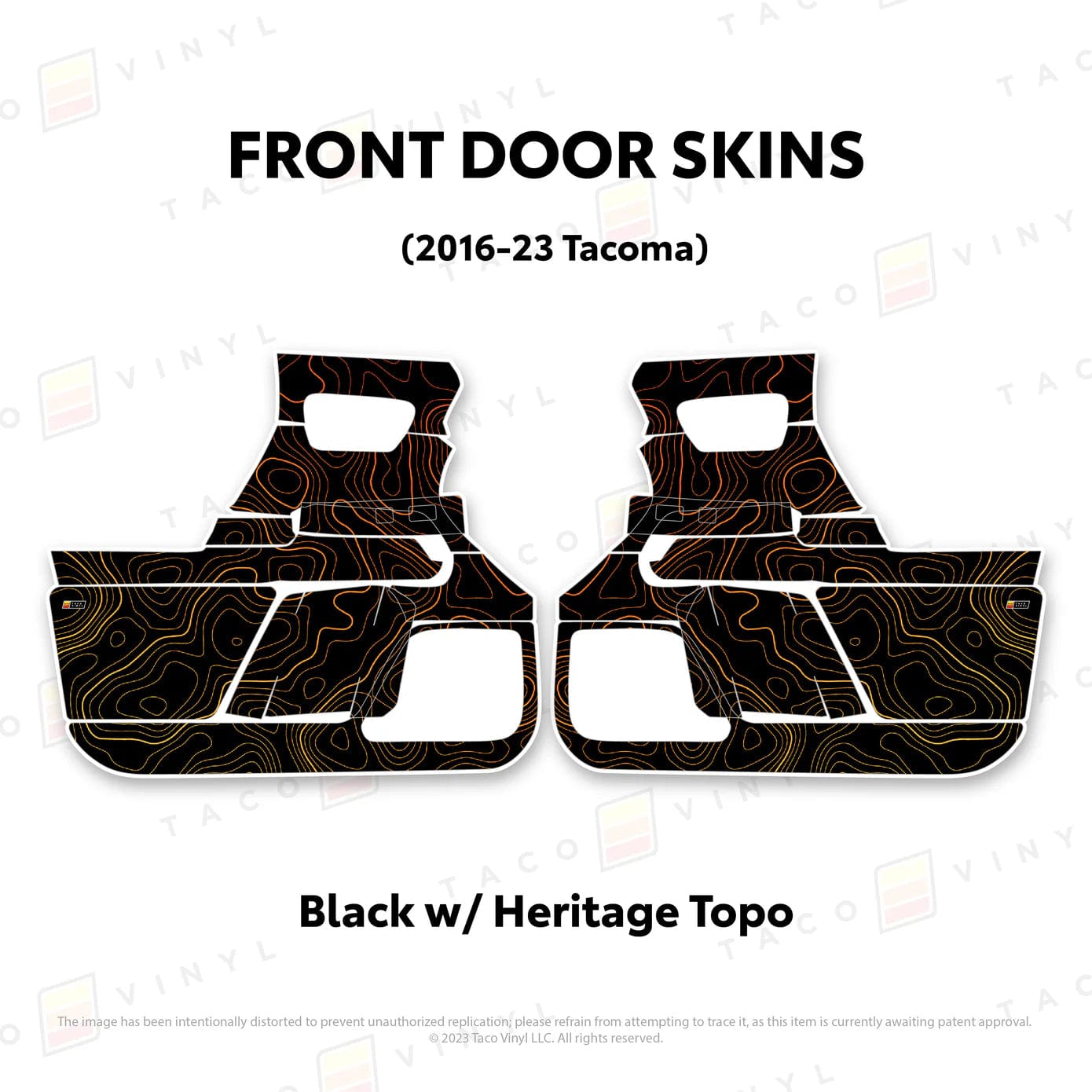 TacomaForce Front Driver/ Passenger / Black w/ Heritage Topo/ Stripes 2016-2023 3rd Gen Tacoma Door Skins – Ultimate Protection & Style