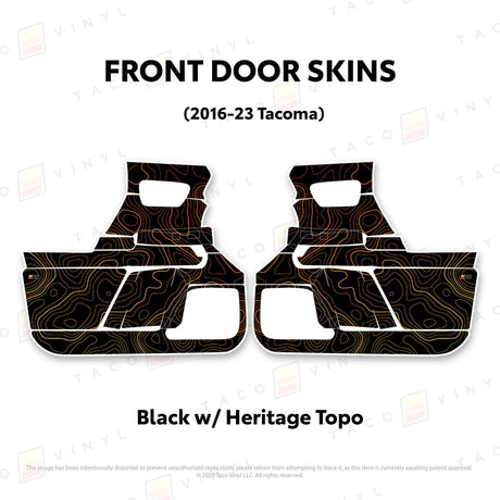 TacomaForce Front Driver/ Passenger / Black w/ Heritage Topo/ Stripes 2016-2023 3rd Gen Tacoma Door Skins – Ultimate Protection & Style