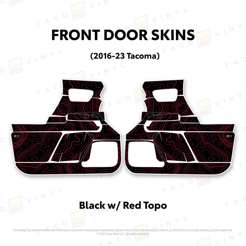 TacomaForce Front Driver/ Passenger / Black w/ Red Topo 2016-2023 3rd Gen Tacoma Door Skins – Ultimate Protection & Style