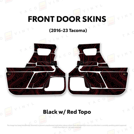 TacomaForce Front Driver/ Passenger / Black w/ Red Topo 2016-2023 3rd Gen Tacoma Door Skins – Ultimate Protection & Style