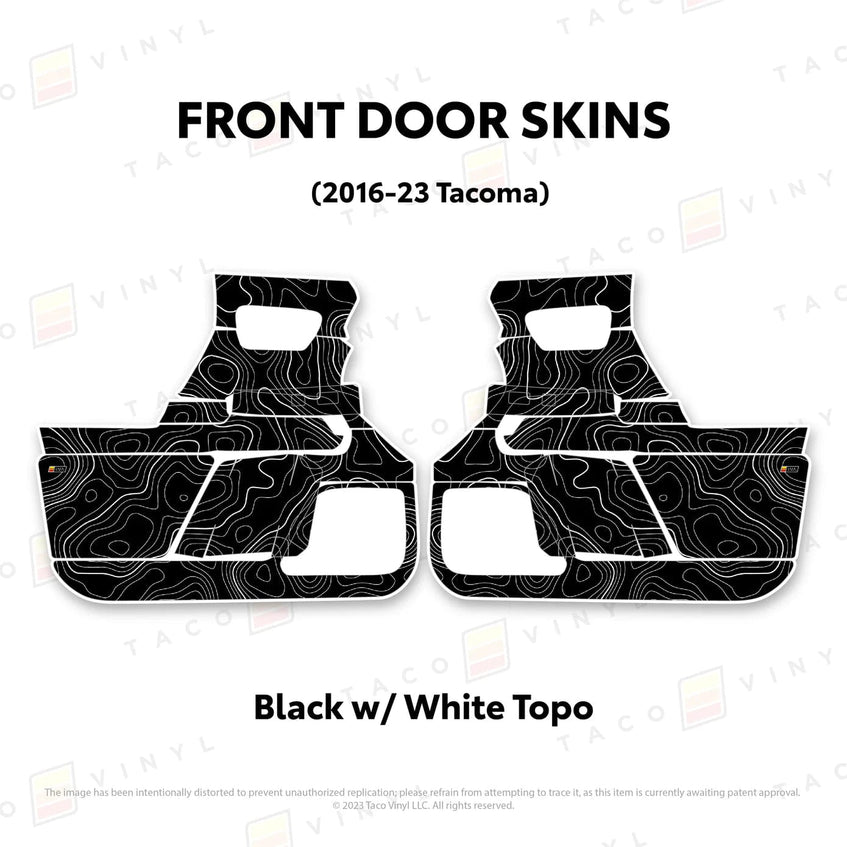 TacomaForce Front Driver/ Passenger / Black w/ White Topo 2016-2023 3rd Gen Tacoma Door Skins – Ultimate Protection & Style