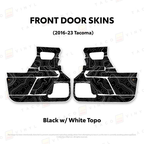 TacomaForce Front Driver/ Passenger / Black w/ White Topo 2016-2023 3rd Gen Tacoma Door Skins – Ultimate Protection & Style