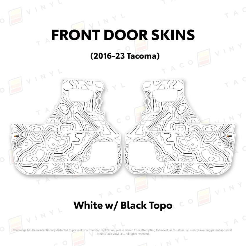 TacomaForce Front Driver/ Passenger / White w/ Black topo 2016-2023 3rd Gen Tacoma Door Skins – Ultimate Protection & Style