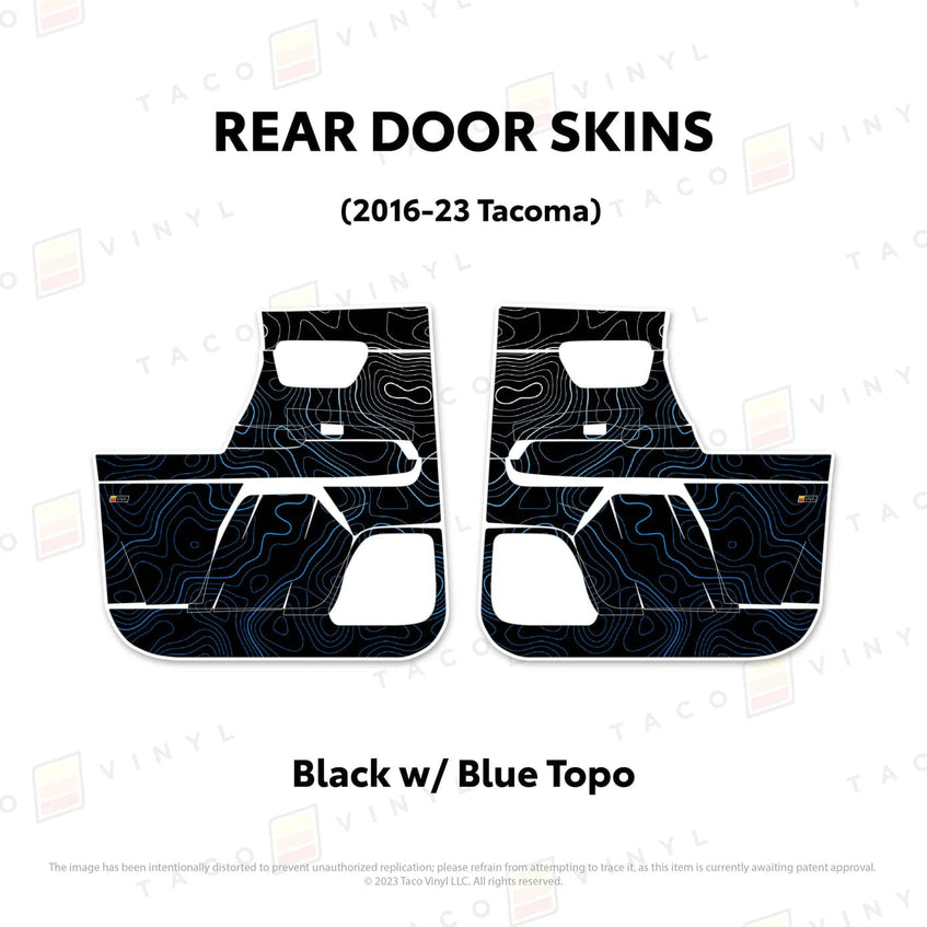TacomaForce Rear Driver/ Passenger / Black w/ Blue Scheme Topo 2016-2023 3rd Gen Tacoma Door Skins – Ultimate Protection & Style