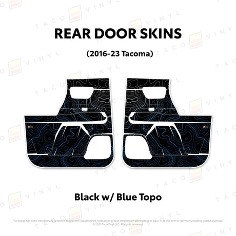 TacomaForce Rear Driver/ Passenger / Black w/ Blue Scheme Topo 2016-2023 3rd Gen Tacoma Door Skins – Ultimate Protection & Style