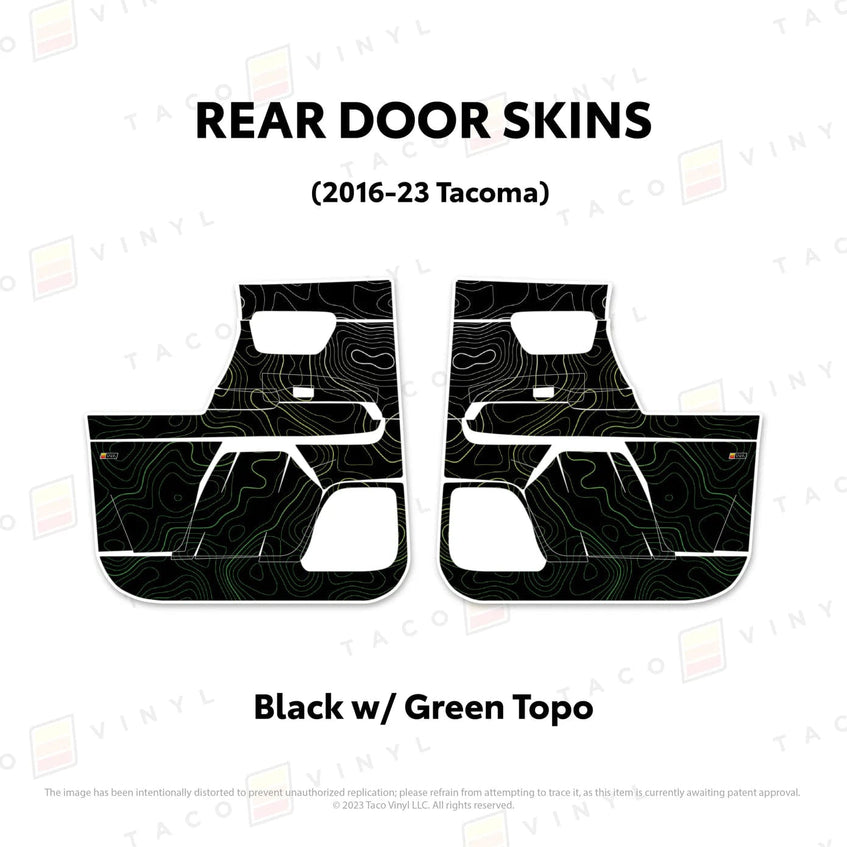 TacomaForce Rear Driver/ Passenger / Black w/ Green Scheme Topo 2016-2023 3rd Gen Tacoma Door Skins – Ultimate Protection & Style