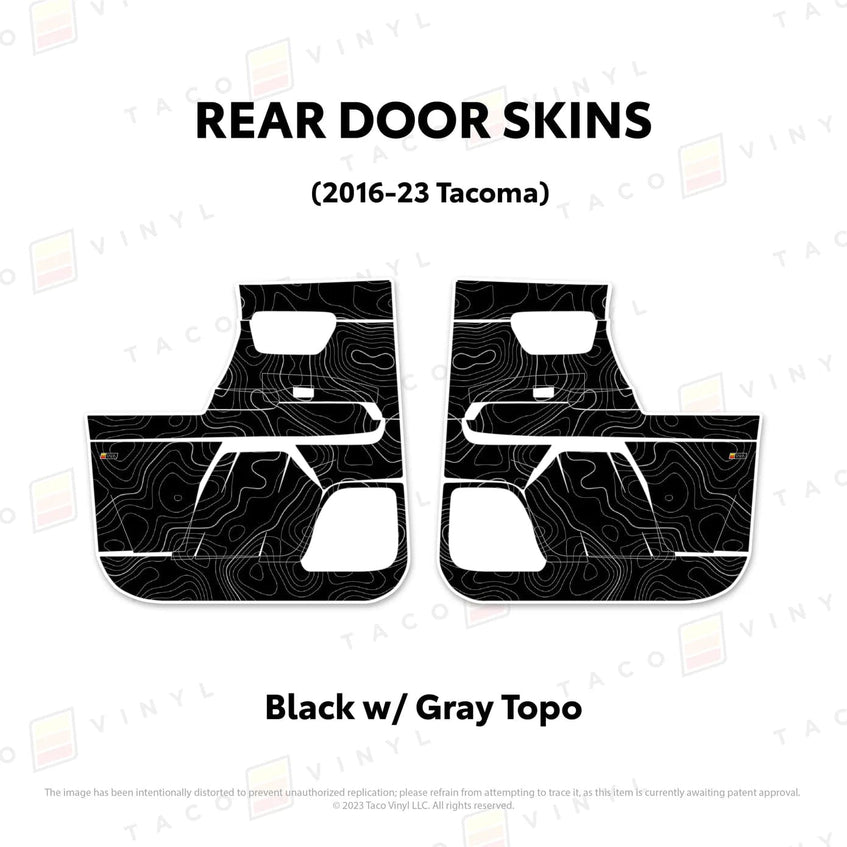 TacomaForce Rear Driver/ Passenger / Black w/ grey Scheme Topo 2016-2023 3rd Gen Tacoma Door Skins – Ultimate Protection & Style