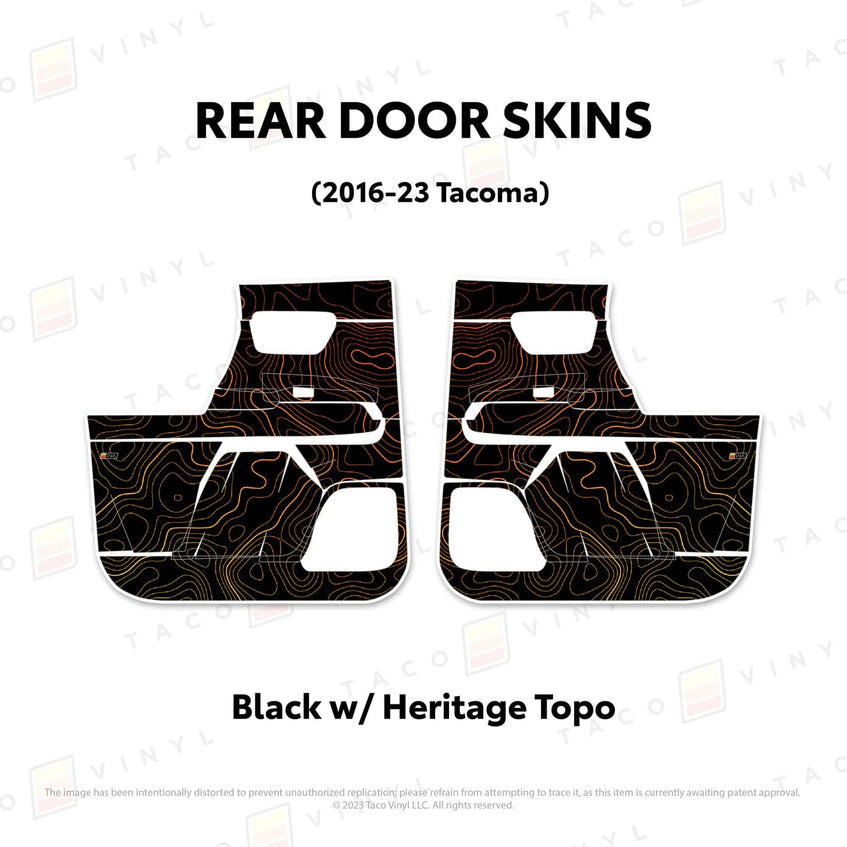 TacomaForce Rear Driver/ Passenger / Black w/ Heritage Topo 2016-2023 3rd Gen Tacoma Door Skins – Ultimate Protection & Style