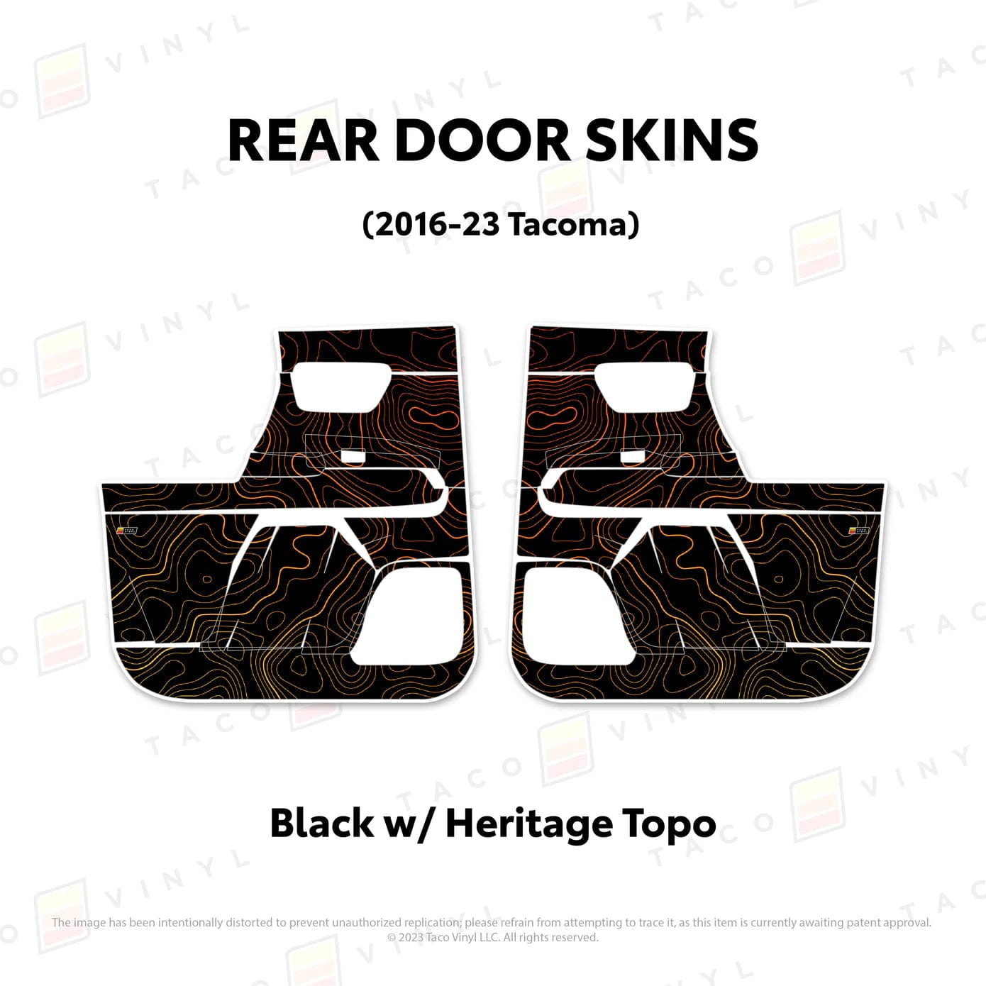 TacomaForce Rear Driver/ Passenger / Black w/ Heritage Topo 2016-2023 3rd Gen Tacoma Door Skins – Ultimate Protection & Style