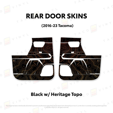 TacomaForce Rear Driver/ Passenger / Black w/ Heritage Topo 2016-2023 3rd Gen Tacoma Door Skins – Ultimate Protection & Style