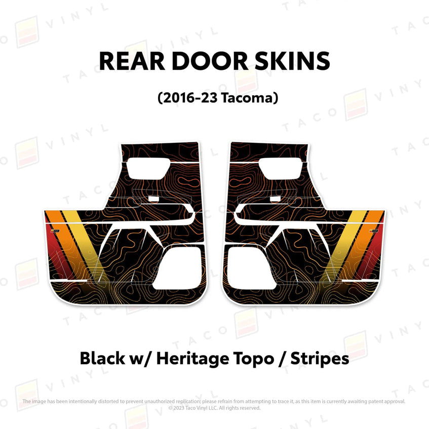 TacomaForce Rear Driver/ Passenger / Black w/ Heritage Topo/ Stripes 2016-2023 3rd Gen Tacoma Door Skins – Ultimate Protection & Style