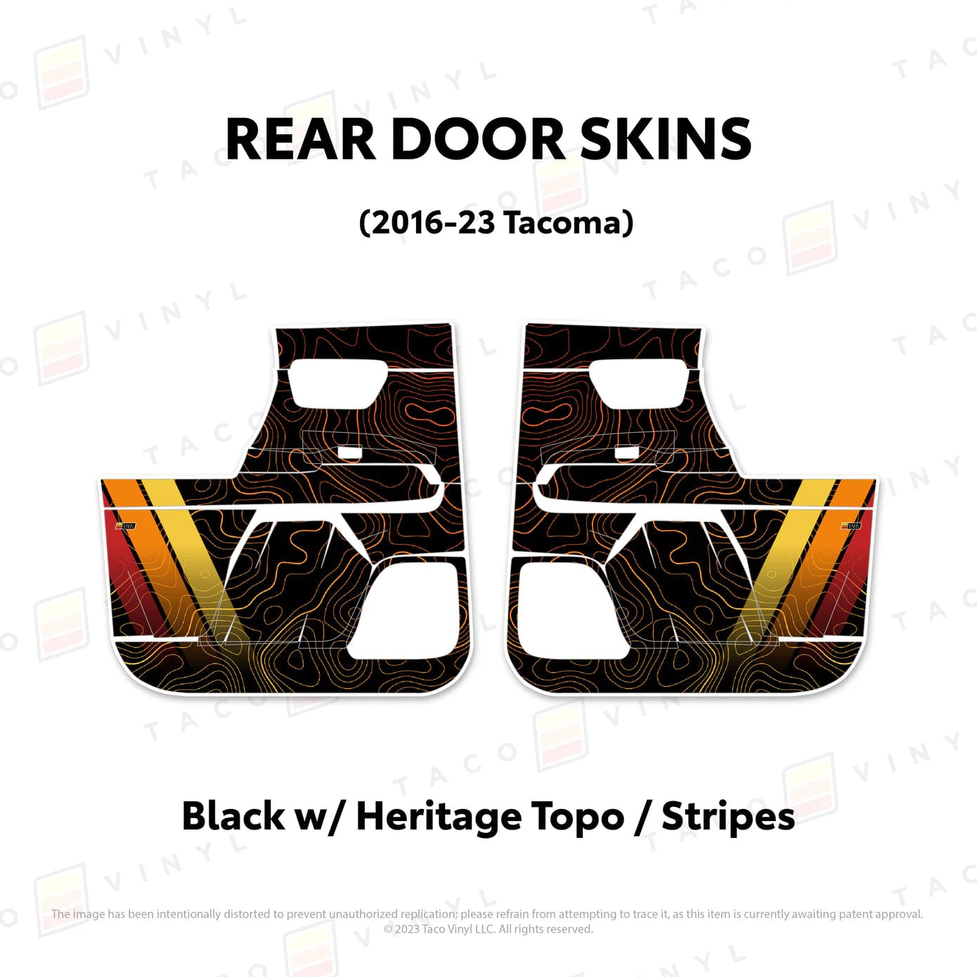 TacomaForce Rear Driver/ Passenger / Black w/ Heritage Topo/ Stripes 2016-2023 3rd Gen Tacoma Door Skins – Ultimate Protection & Style