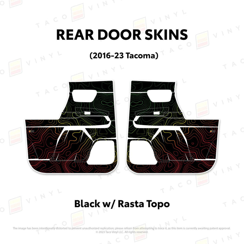 TacomaForce Rear Driver/ Passenger / Black w/ Rasta Scheme Topo 2016-2023 3rd Gen Tacoma Door Skins – Ultimate Protection & Style