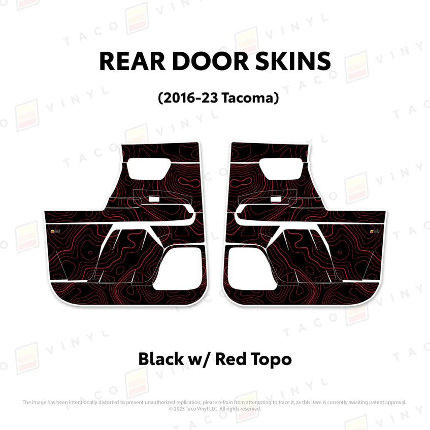 TacomaForce Rear Driver/ Passenger / Black w/ Red Topo 2016-2023 3rd Gen Tacoma Door Skins – Ultimate Protection & Style