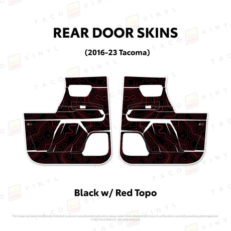 TacomaForce Rear Driver/ Passenger / Black w/ Red Topo 2016-2023 3rd Gen Tacoma Door Skins – Ultimate Protection & Style