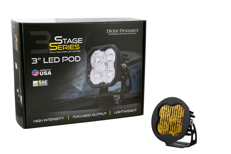 Diode Dynamics SAE Fog / None Stage Series 3" SAE Yellow Sport Round LED Pod (One)