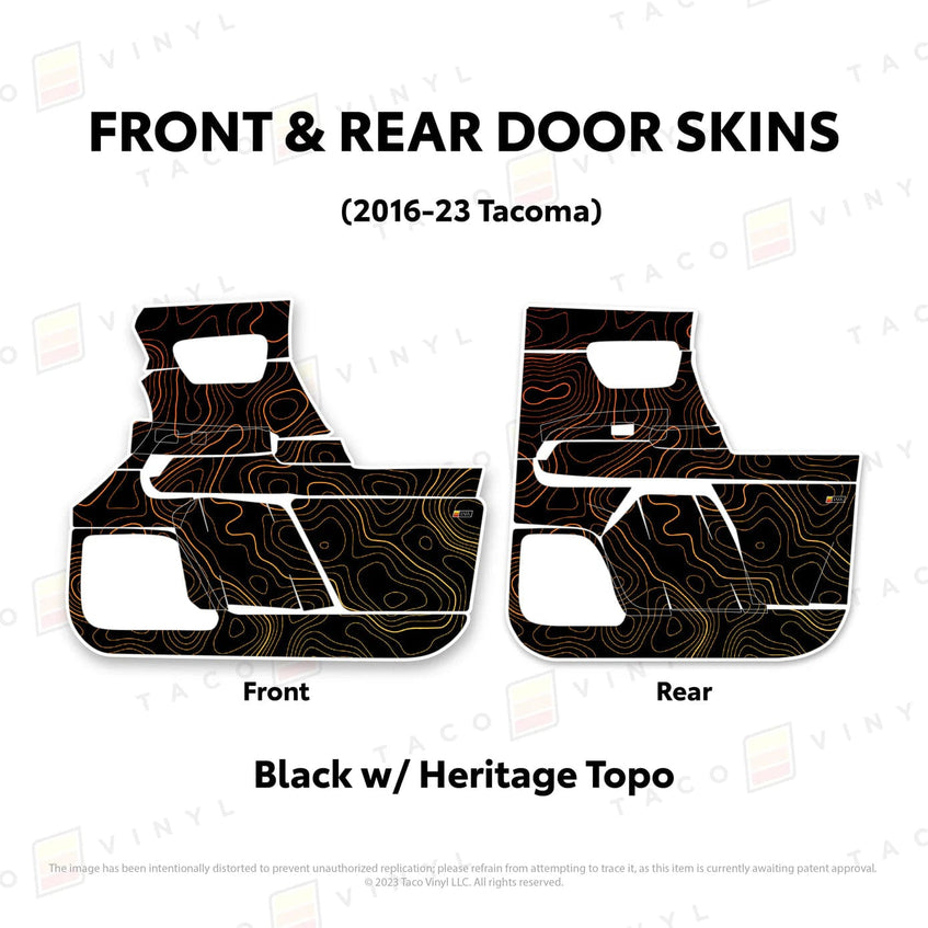 TacomaForce Front and Rear / Black w/ Heritage Topo 2016-2023 3rd Gen Tacoma Door Skins – Ultimate Protection & Style