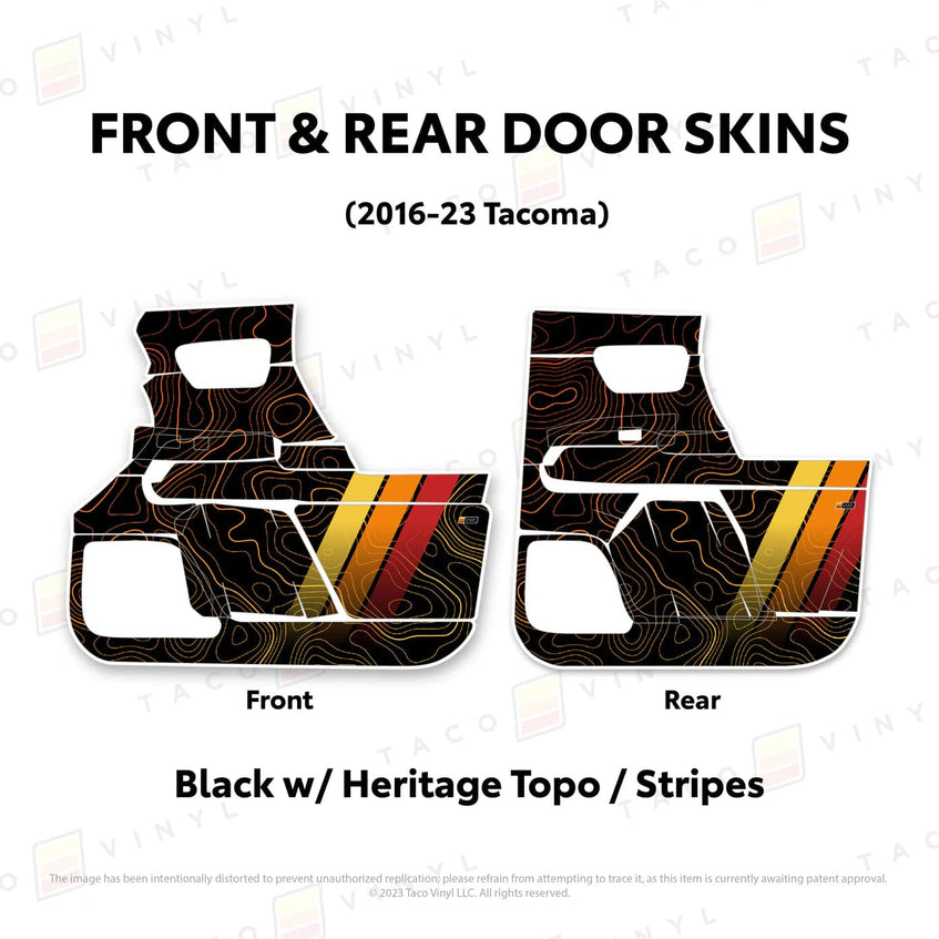 TacomaForce Front and Rear / Black w/ Heritage Topo/ Stripes 2016-2023 3rd Gen Tacoma Door Skins – Ultimate Protection & Style