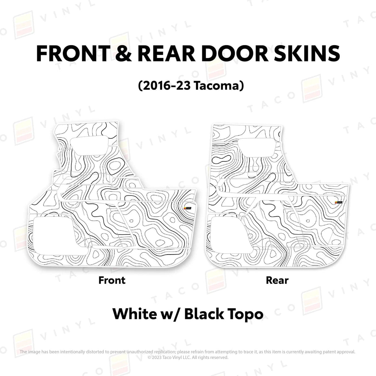 TacomaForce Front and Rear / White w/ Black topo 2016-2023 3rd Gen Tacoma Door Skins – Ultimate Protection & Style