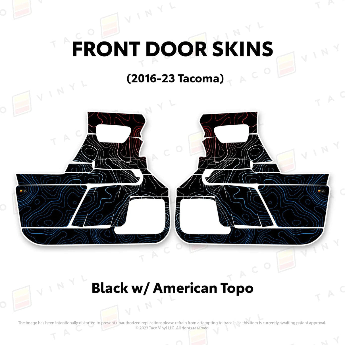 TacomaForce Front Driver/ Passenger / Black w/ American Scheme Topo 2016-2023 3rd Gen Tacoma Door Skins – Ultimate Protection & Style