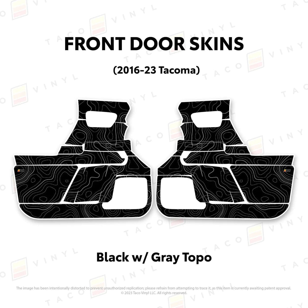 TacomaForce Front Driver/ Passenger / Black w/ grey Scheme Topo 2016-2023 3rd Gen Tacoma Door Skins – Ultimate Protection & Style