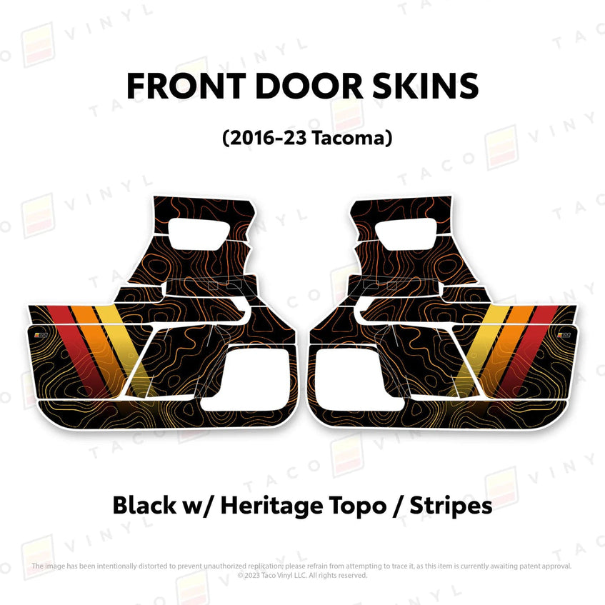 TacomaForce Front Driver/ Passenger / Black w/ Heritage Topo 2016-2023 3rd Gen Tacoma Door Skins – Ultimate Protection & Style