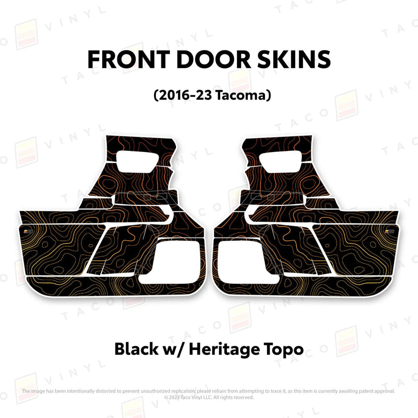 TacomaForce Front Driver/ Passenger / Black w/ Heritage Topo/ Stripes 2016-2023 3rd Gen Tacoma Door Skins – Ultimate Protection & Style