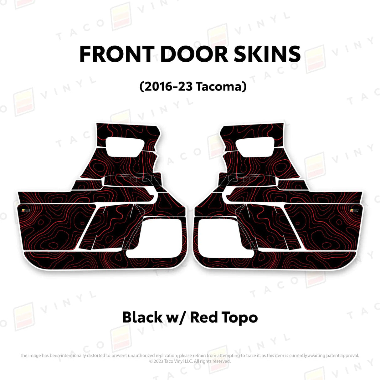 TacomaForce Front Driver/ Passenger / Black w/ Red Topo 2016-2023 3rd Gen Tacoma Door Skins – Ultimate Protection & Style