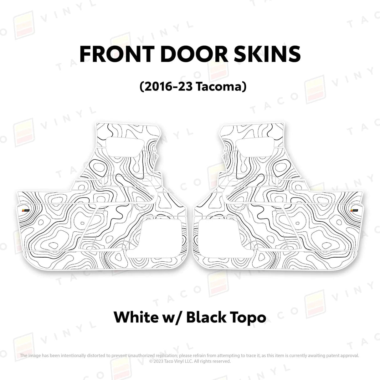 TacomaForce Front Driver/ Passenger / White w/ Black topo 2016-2023 3rd Gen Tacoma Door Skins – Ultimate Protection & Style