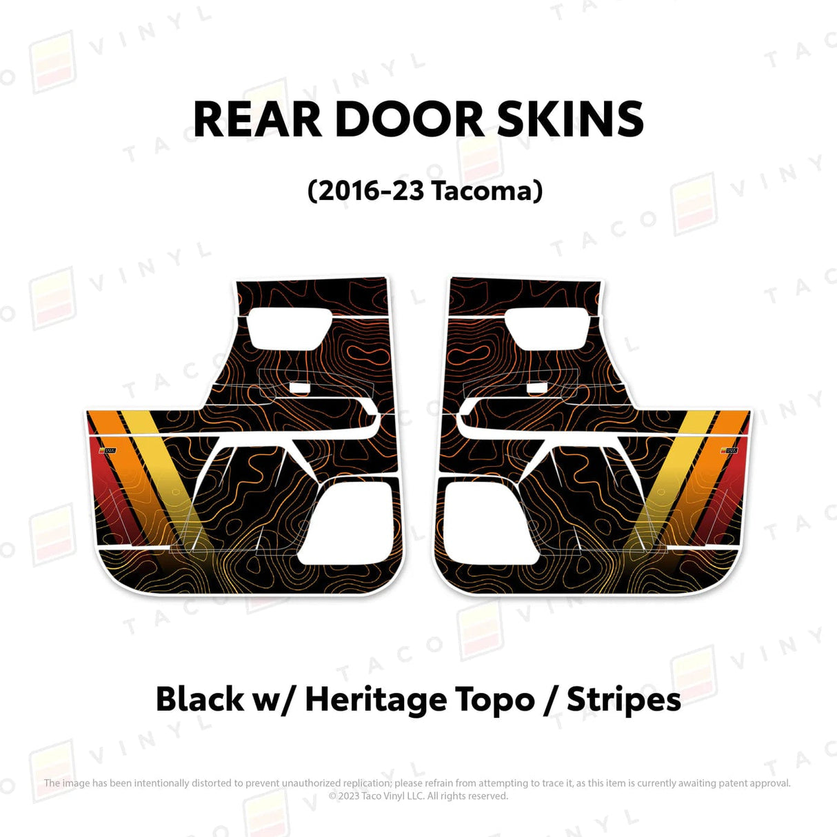 TacomaForce Rear Driver/ Passenger / Black w/ Heritage Topo/ Stripes 2016-2023 3rd Gen Tacoma Door Skins – Ultimate Protection & Style